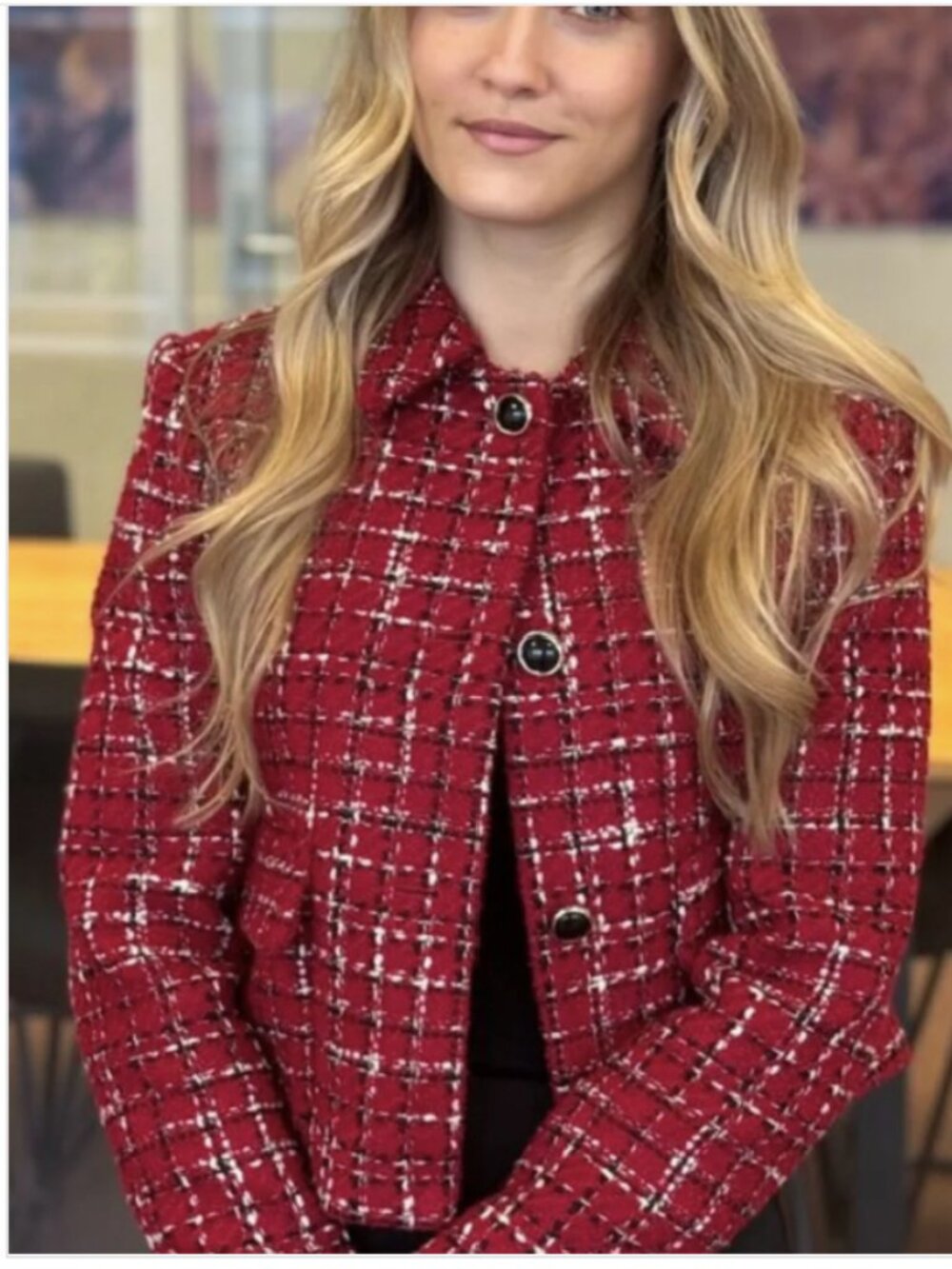 Zara XL Cropped Jacket Classic Red Plaid Tweed Shoulder Pads Lined Pockets